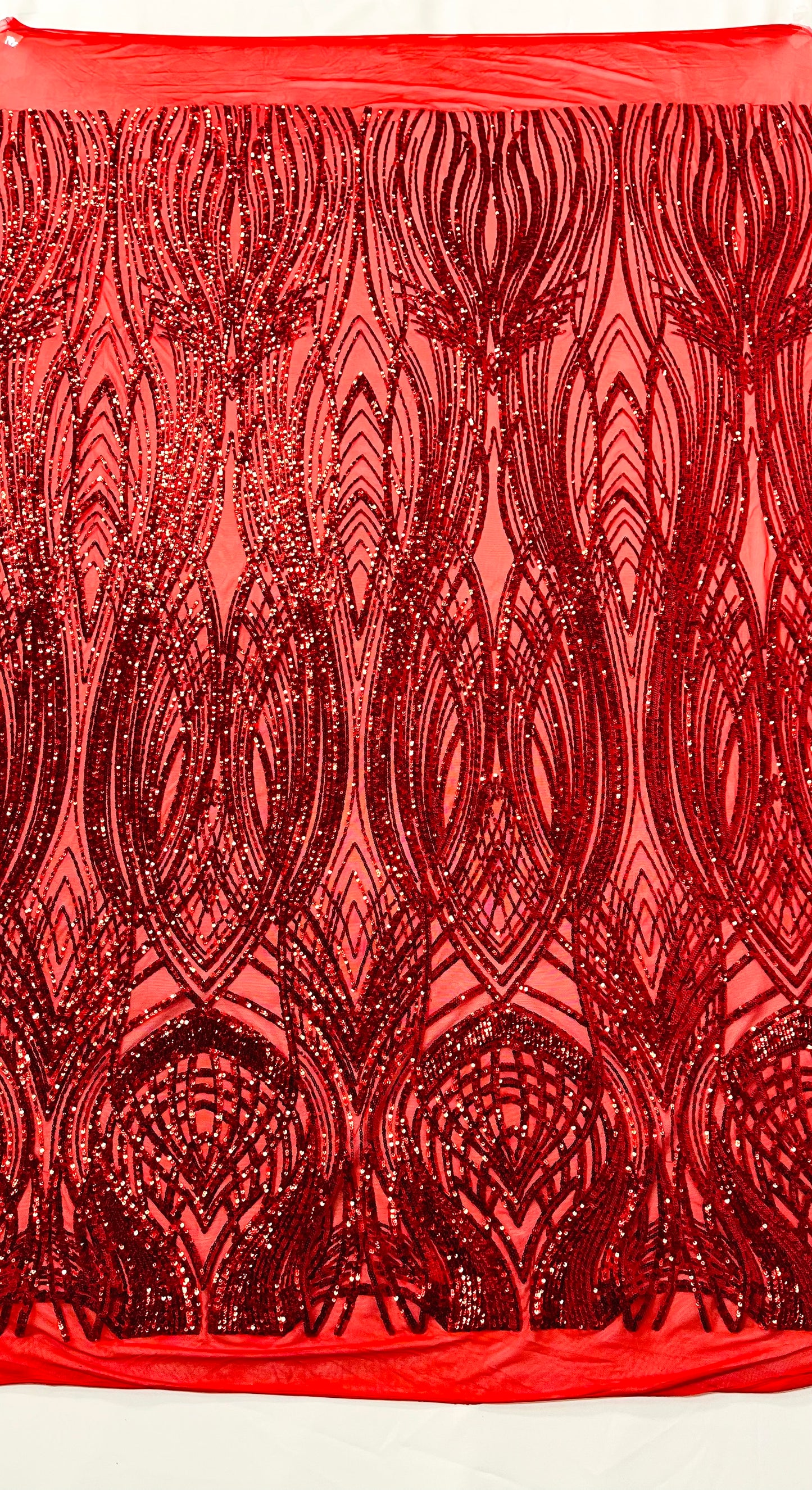 Feather damask shiny sequin design on a 4 way stretch mesh| New Creations Fabric & Foam Inc.