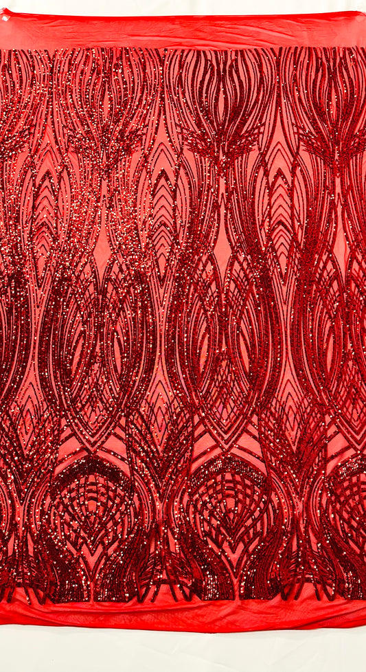Feather damask shiny sequin design on a 4 way stretch mesh| New Creations Fabric & Foam Inc.