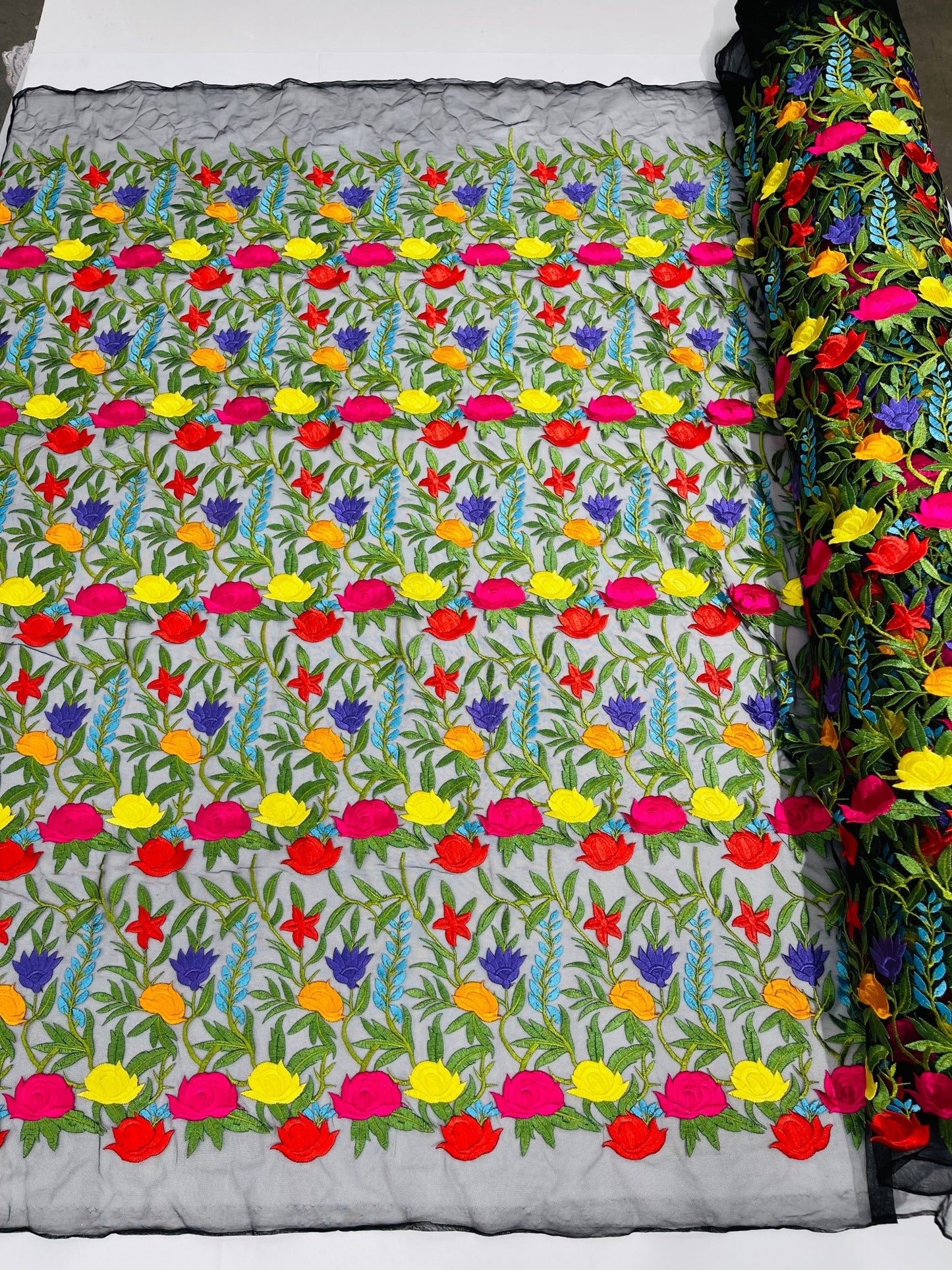 Maria multi color Mexican Sarape floral design embroider on a mesh lace - sold by the yard. - New Creations Fabric & Foam Inc