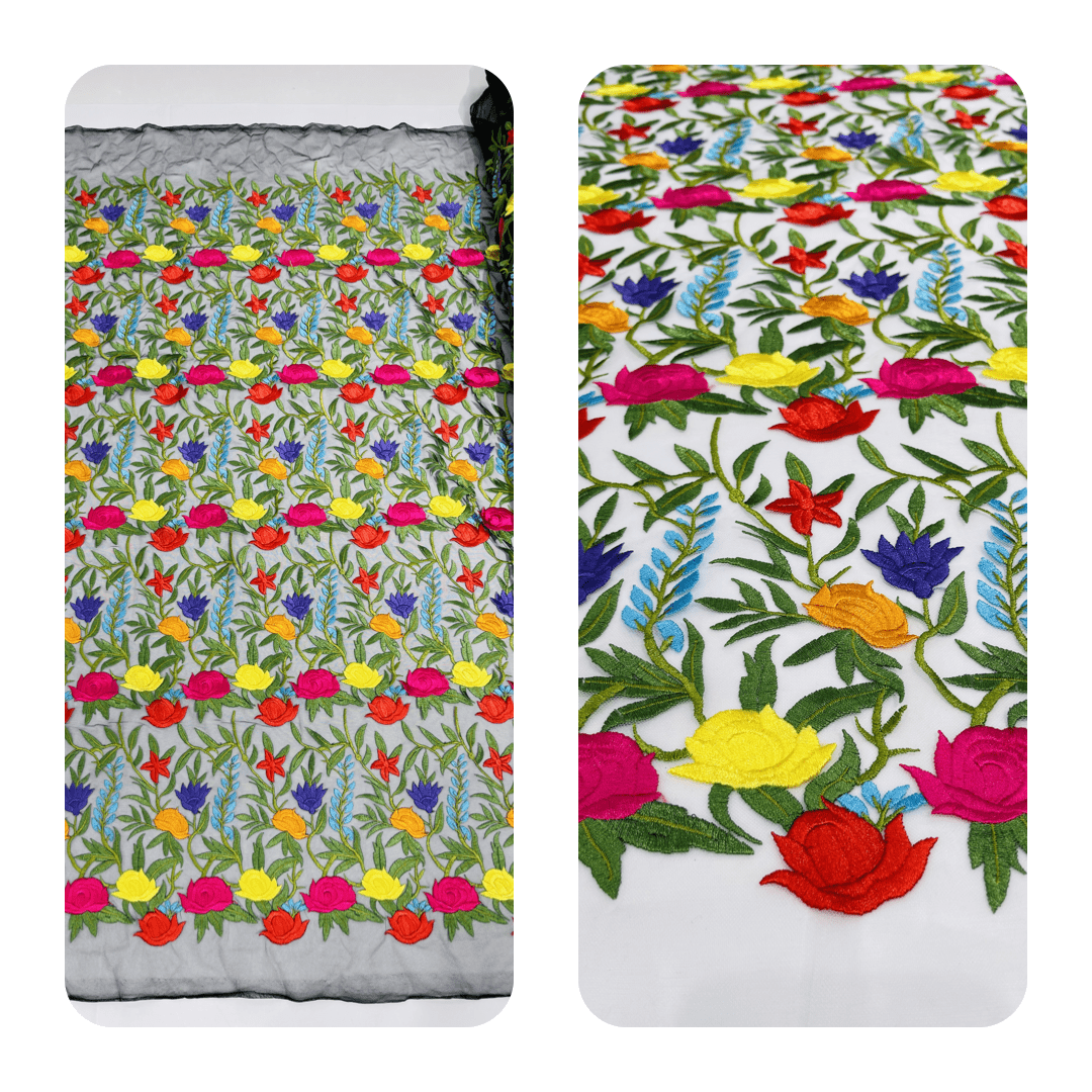 Maria multi color Mexican Sarape floral design embroider on a mesh lace - sold by the yard. - New Creations Fabric & Foam Inc