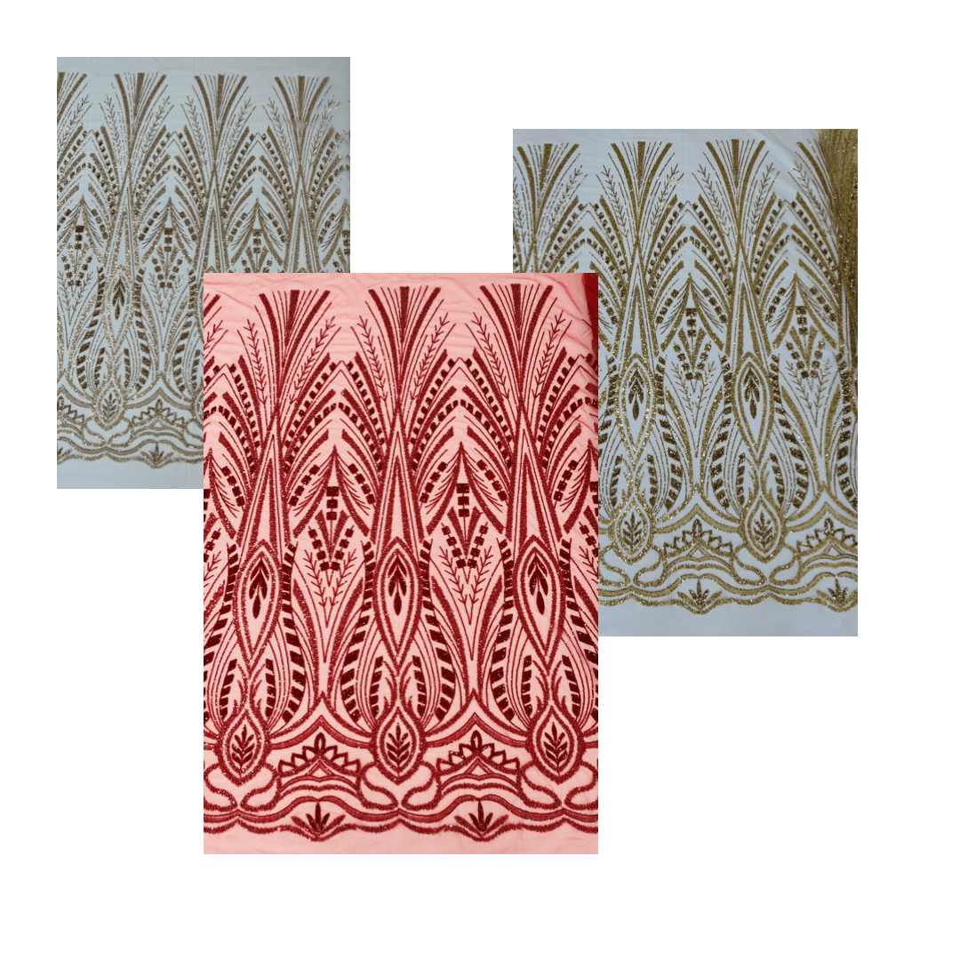 New damask embroider and heavy beaded on a mesh lace fabric - sold by the yard - New Creations Fabric & Foam Inc