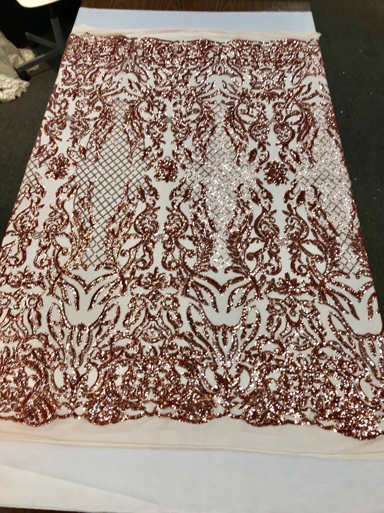 Shiny sequin damask design embroidery on a 4 way stretch mesh - dresses - prom - nightgown - sold by yard - free shipping. - New Creations Fabric & Foam Inc