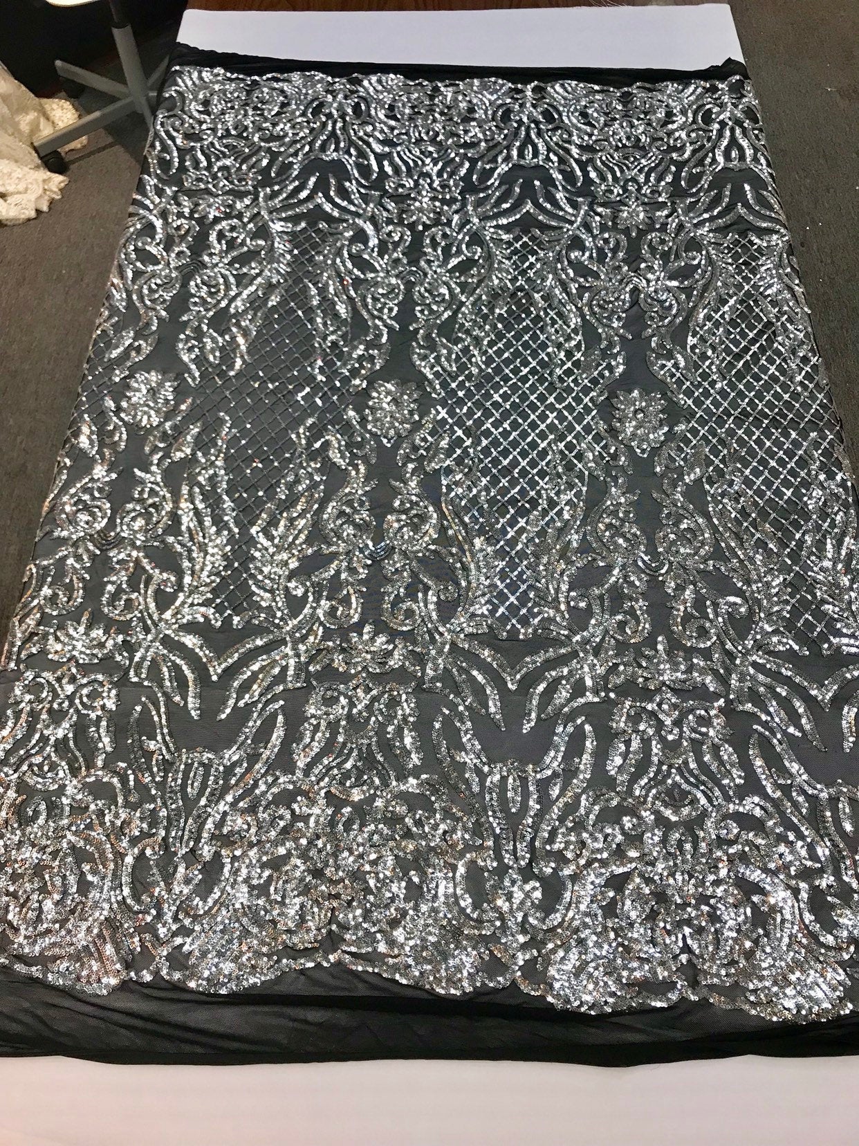 Shiny sequin damask design embroidery on a 4 way stretch mesh - dresses - prom - nightgown - sold by yard - free shipping. - New Creations Fabric & Foam Inc